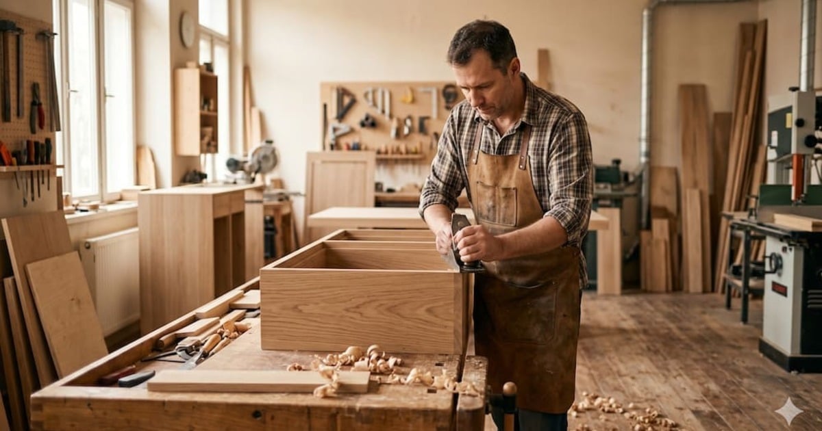Carpenter measuring fitted shelving