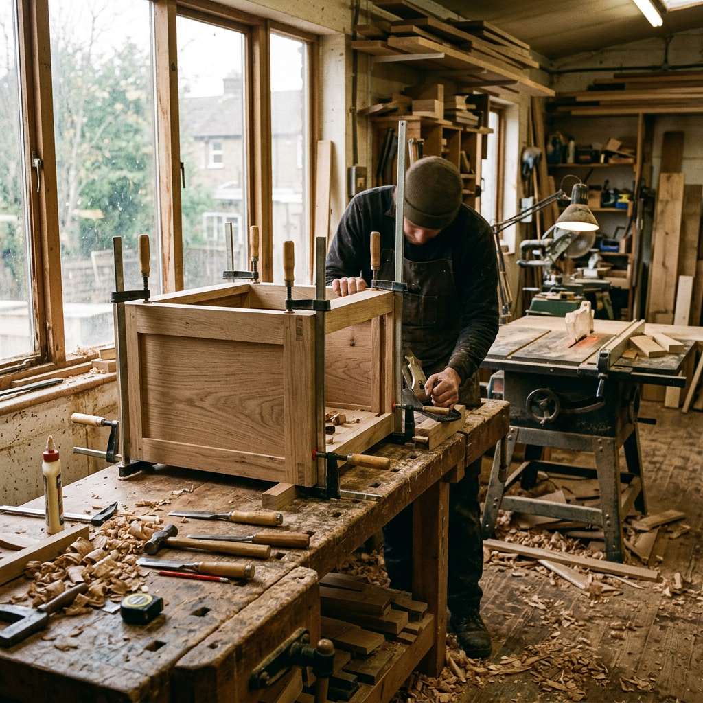 Woodworker reviewing cabinet finish